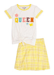 Girls Glitter Queen Graphic Tee And Plaid Skirt, ,