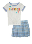 Girls Blessed Tee And Plaid Skirt Set, ,