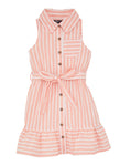 Girls Sleeveless Striped Print Belted Collared Tie Waist Waistline Shirt Midi Dress