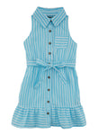 Girls Striped Print Sleeveless Belted Tie Waist Waistline Collared Shirt Midi Dress