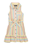 Girls Tie Waist Waistline Sleeveless Belted Striped Print Collared Shirt Midi Dress