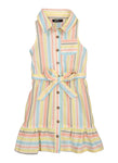 Girls Tie Waist Waistline Belted Collared Sleeveless Striped Print Shirt Midi Dress