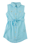 Girls Tie Waist Waistline Belted Striped Print Sleeveless Collared Shirt Midi Dress