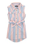 Girls Collared Striped Print Tie Waist Waistline Belted Sleeveless Shirt Midi Dress