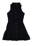 Girls Belted Collared Sleeveless Shift Tie Waist Waistline Midi Dress