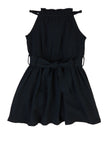 Girls Sleeveless High-Neck Belted Button Closure Fitted Tie Waist Waistline Fit-and-Flare Skater Dress/Midi Dress With Ruffles