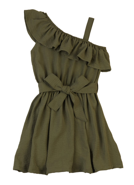 Girls One Shoulder Sleeveless Belted Fitted Tie Waist Waistline Fit-and-Flare Skater Dress/Midi Dress