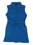 Girls Belted Pocketed Collared Tie Waist Waistline Sleeveless Shirt Midi Dress