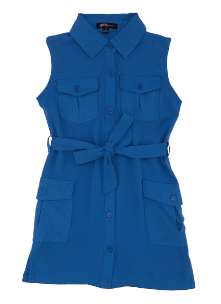 Girls Collared Sleeveless Pocketed Belted Tie Waist Waistline Shirt Midi Dress