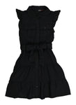 Girls Cap Flutter Sleeves Collared Tiered Belted Button Front Tie Waist Waistline Shirt Midi Dress With Ruffles