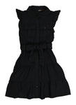 Girls Cap Flutter Sleeves Collared Button Front Tiered Belted Tie Waist Waistline Shirt Midi Dress With Ruffles