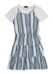 Girls Striped Print Short Sleeves Sleeves Sleeveless Spaghetti Strap Knit Crew Neck Midi Dress