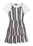 Girls Striped Print Knit Short Sleeves Sleeves Sleeveless Spaghetti Strap Crew Neck Midi Dress