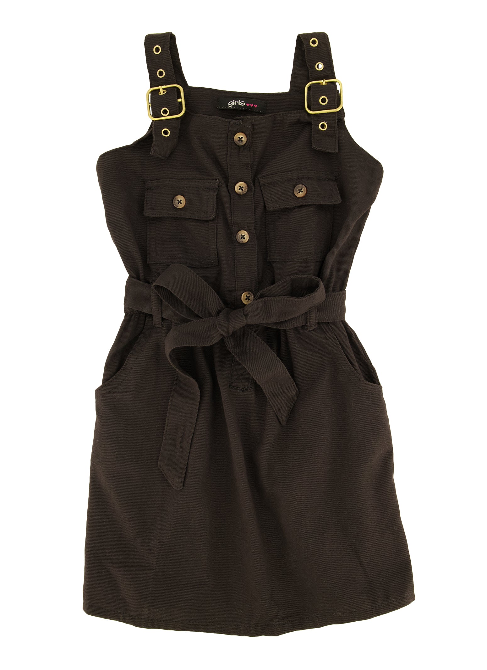 Little Girls Twill Sleeveless Utility Dress, Black, Size 4