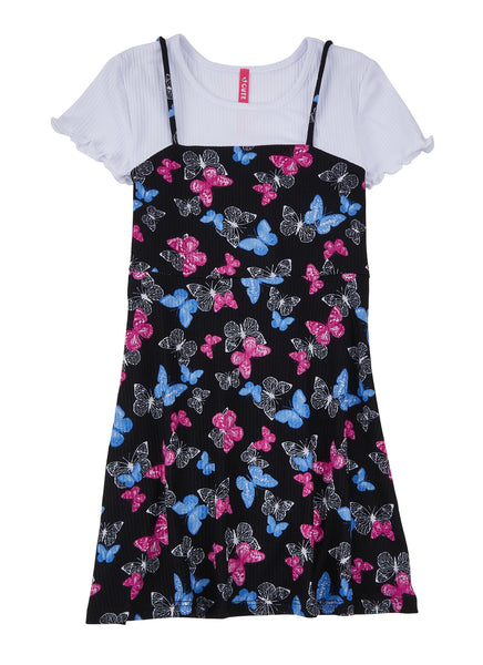 Girls Knit Square Neck Short Sleeves Sleeves Sleeveless Spaghetti Strap Animal Print Ribbed Midi Dress