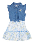 Girls Floral Print Collared Fitted Fit-and-Flare Flutter Sleeves Sleeveless Skater Dress/Midi Dress With Ruffles