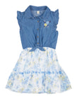 Girls Collared Fit-and-Flare Floral Print Fitted Flutter Sleeves Sleeveless Skater Dress/Midi Dress With Ruffles