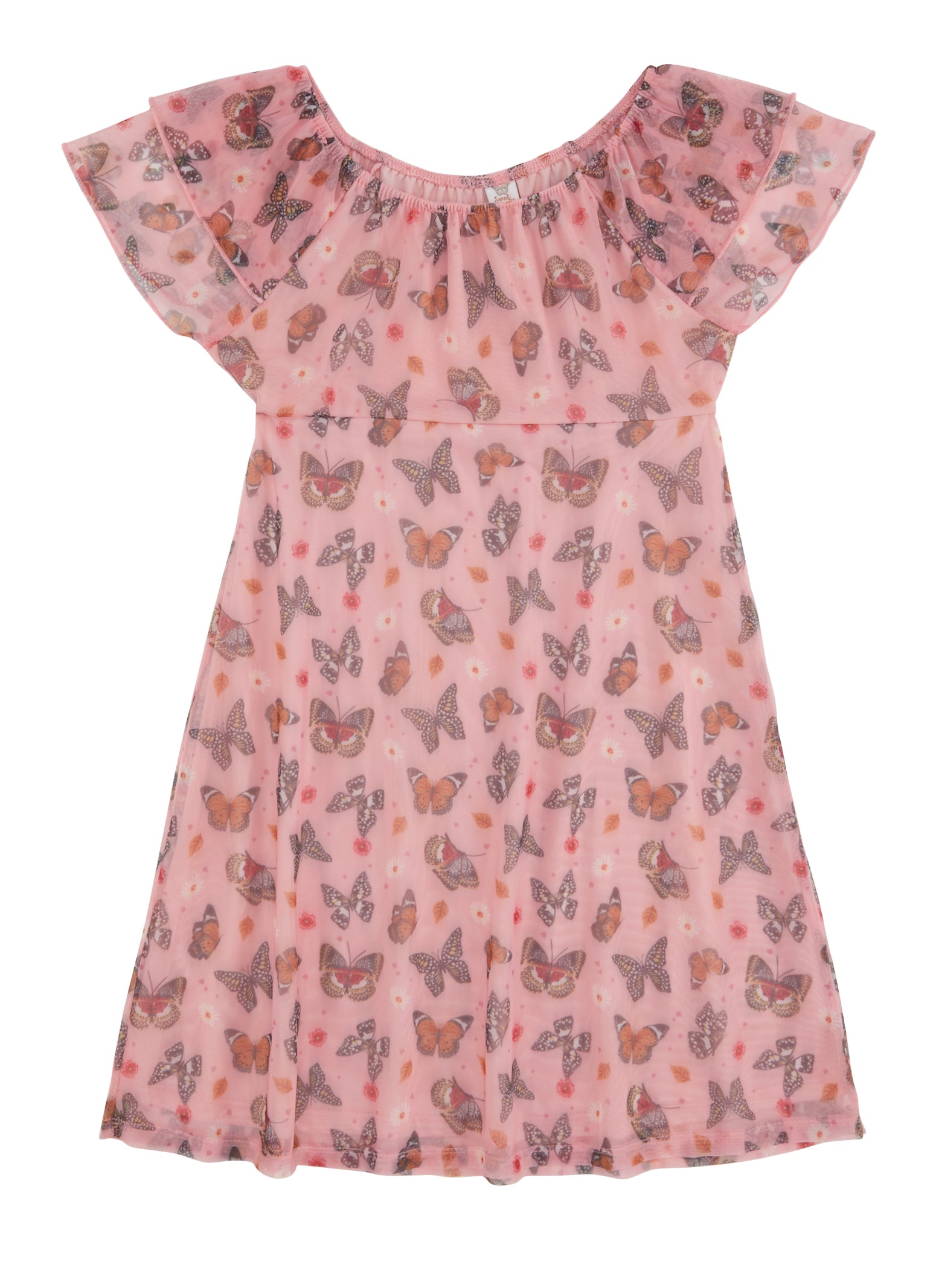 Girls Mesh Butterfly Print Flare Dress, Pink, Size 10-12