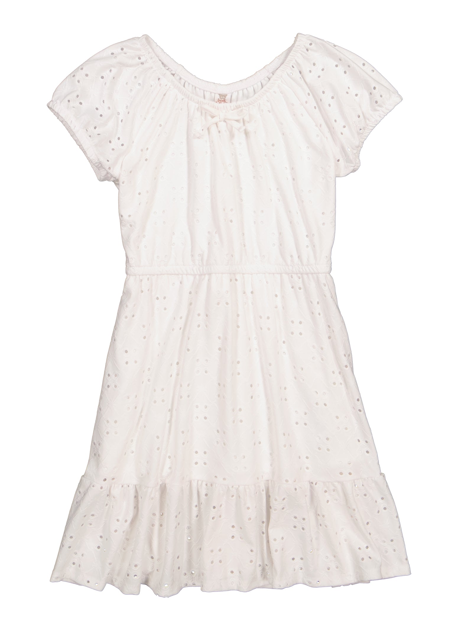 Girls Short Sleeve Eyelet Tiered Dress, White, Size 7-8