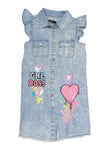 Girls Sequined Denim Collared Cap Flutter Sleeves General Print Shirt Midi Dress