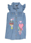 Girls Denim Sequined Cap Flutter Sleeves Collared General Print Shirt Midi Dress