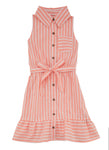 Girls Collared Striped Print Belted Tie Waist Waistline Sleeveless Shirt Midi Dress