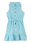 Girls Sleeveless Striped Print Tie Waist Waistline Belted Collared Shirt Midi Dress