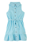 Girls Collared Striped Print Tie Waist Waistline Belted Sleeveless Shirt Midi Dress