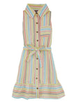 Girls Collared Tie Waist Waistline Belted Sleeveless Striped Print Shirt Midi Dress