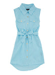 Girls Striped Print Belted Collared Sleeveless Tie Waist Waistline Shirt Midi Dress