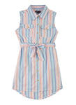 Girls Striped Print Tie Waist Waistline Sleeveless Belted Collared Shirt Midi Dress