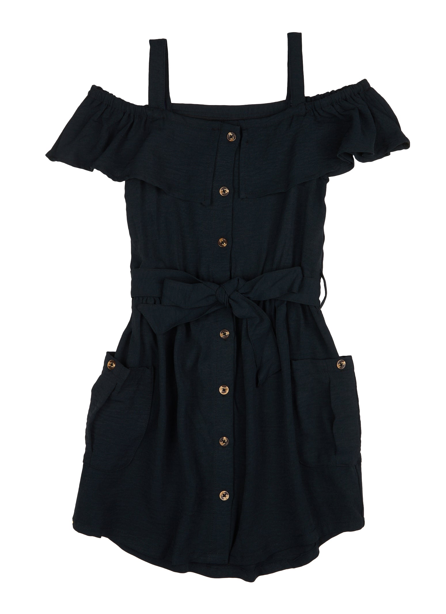 Girls Button Front Cold Shoulder Shirt Dress, Black, Size 10-12