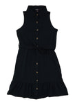 Girls Sleeveless Collared Tie Waist Waistline Belted Button Front Shirt Midi Dress