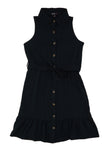 Girls Tie Waist Waistline Collared Button Front Belted Sleeveless Shirt Midi Dress