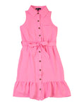 Girls Sleeveless Belted Button Front Tie Waist Waistline Collared Shirt Midi Dress