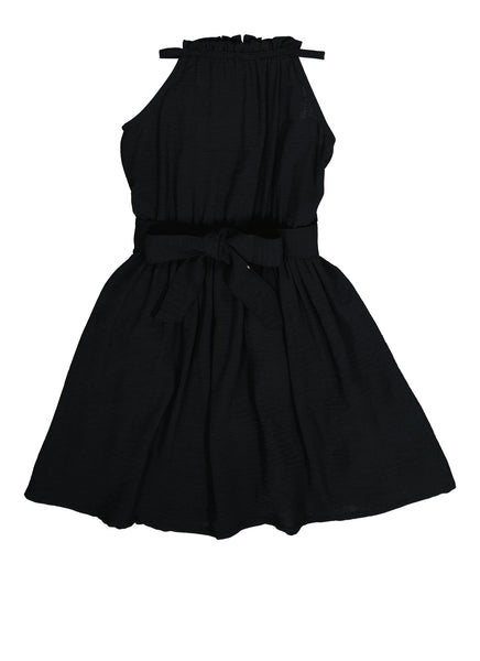 Girls High-Neck Fit-and-Flare Belted Fitted Tie Waist Waistline Sleeveless Skater Dress/Midi Dress