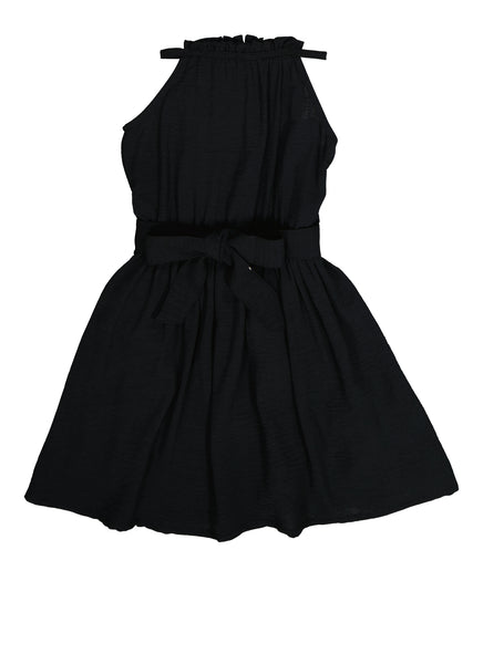 Girls High-Neck Tie Waist Waistline Fit-and-Flare Sleeveless Belted Fitted Skater Dress/Midi Dress