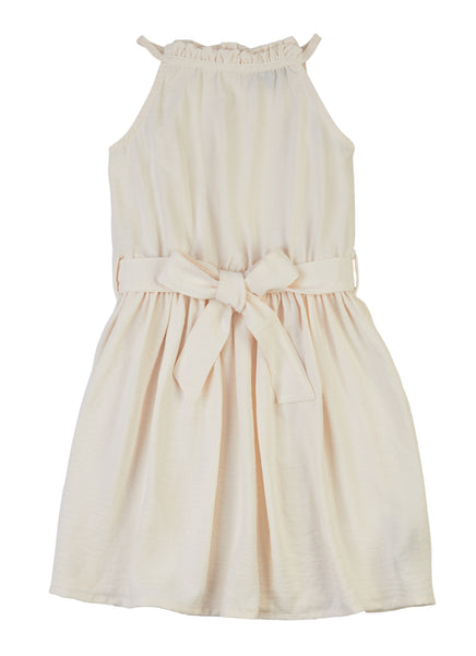 Girls Sleeveless Fitted Belted Fit-and-Flare Tie Waist Waistline High-Neck Skater Dress/Midi Dress