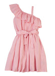 Girls Tie Waist Waistline One Shoulder Sleeveless Fitted Belted Fit-and-Flare Skater Dress/Midi Dress With Ruffles