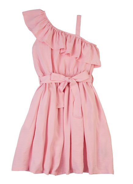 Girls Fitted Belted One Shoulder Sleeveless Tie Waist Waistline Fit-and-Flare Skater Dress/Midi Dress With Ruffles