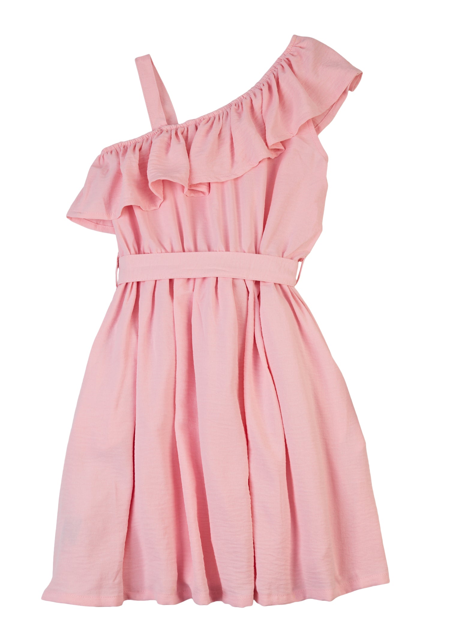 Girls One Shoulder Tie Waist Belted Dress, Pink, Size 10-12