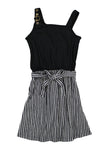 Girls Asymmetric Ribbed Belted Striped Print Tie Waist Waistline Sleeveless Tank Knit Midi Dress