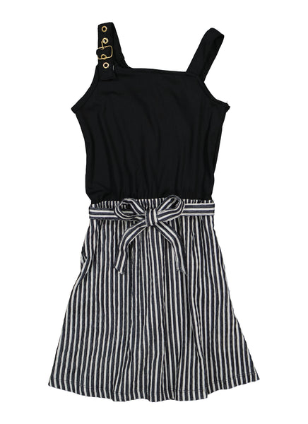 Girls Striped Print Knit Sleeveless Tank Asymmetric Belted Ribbed Tie Waist Waistline Midi Dress