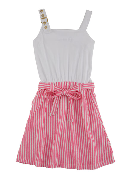 Girls Tie Waist Waistline Knit Sleeveless Tank Striped Print Ribbed Asymmetric Belted Midi Dress