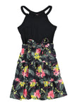 Girls Sleeveless Knit High-Neck Floral Print Tie Waist Waistline Ribbed Tiered Belted Fitted Fit-and-Flare Skater Dress/Midi Dress