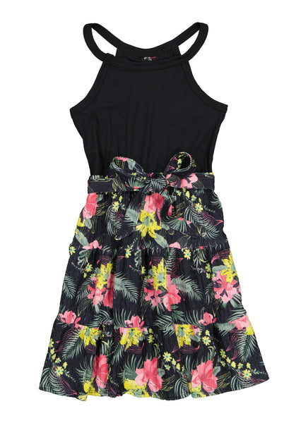 Girls Belted Fitted Ribbed Tiered Fit-and-Flare High-Neck Tie Waist Waistline Sleeveless Floral Print Knit Skater Dress/Midi Dress