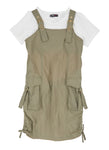 Girls Nylon Square Neck Pocketed Ruched Sleeveless Midi Dress