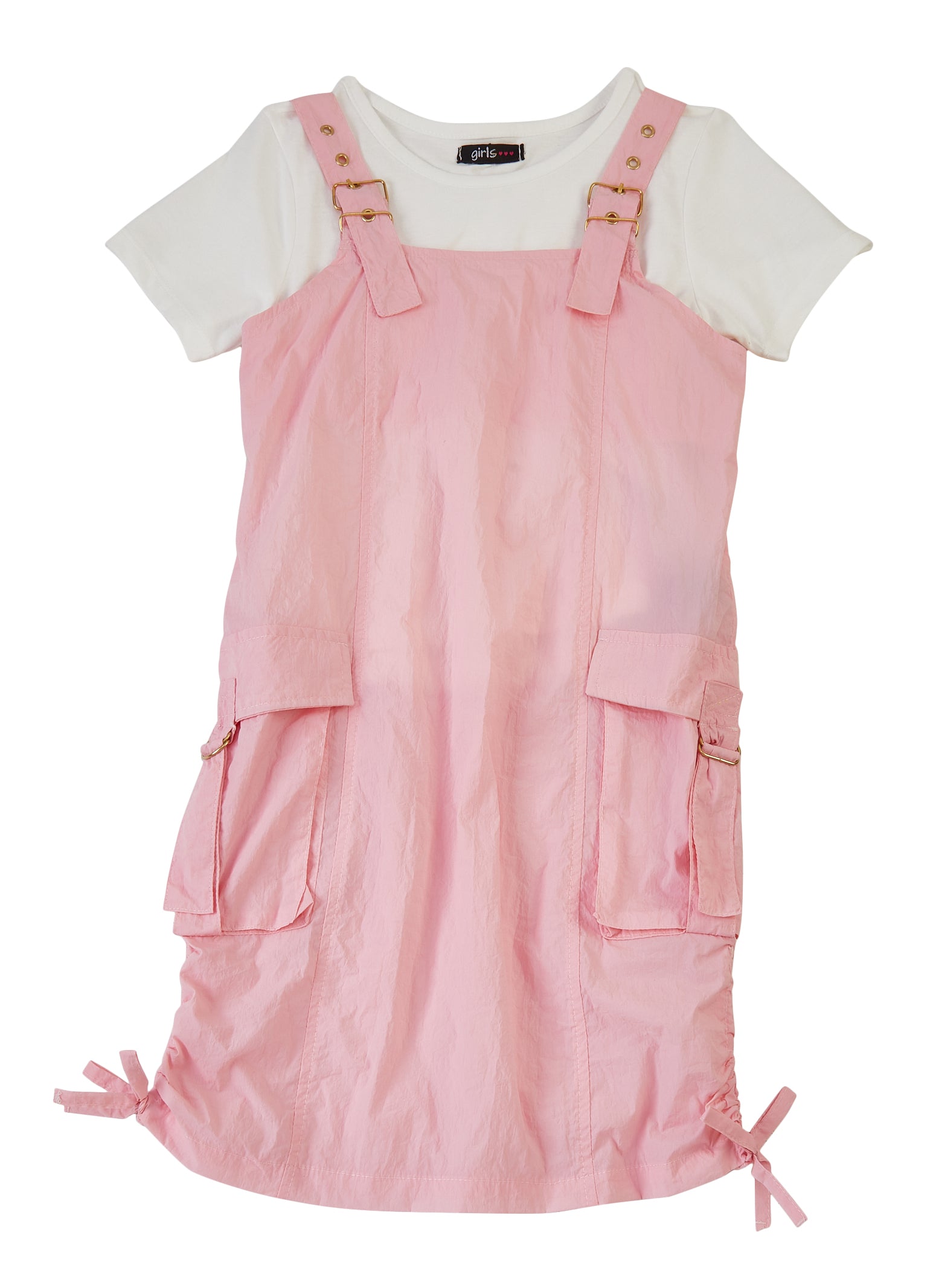 Girls Grommet Buckle Strap Cargo Dress with Tee, Pink, Size 10-12