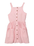 Girls Knit Square Neck Button Front Pocketed Sleeveless Spaghetti Strap Midi Dress
