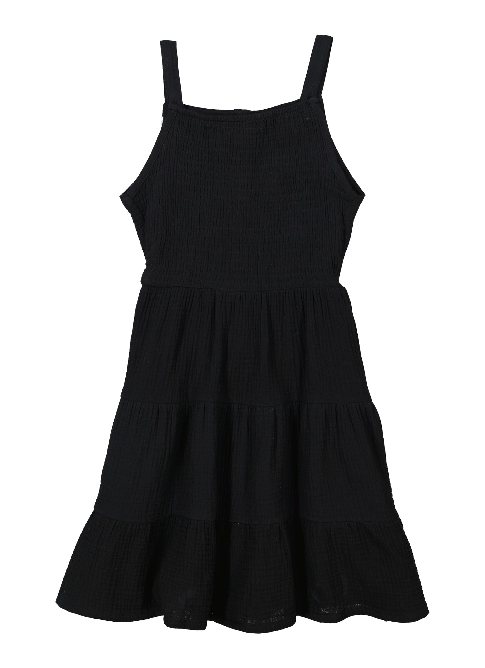 Girls Gauze Knit Button Front Tiered Dress, Black, Size 7-8